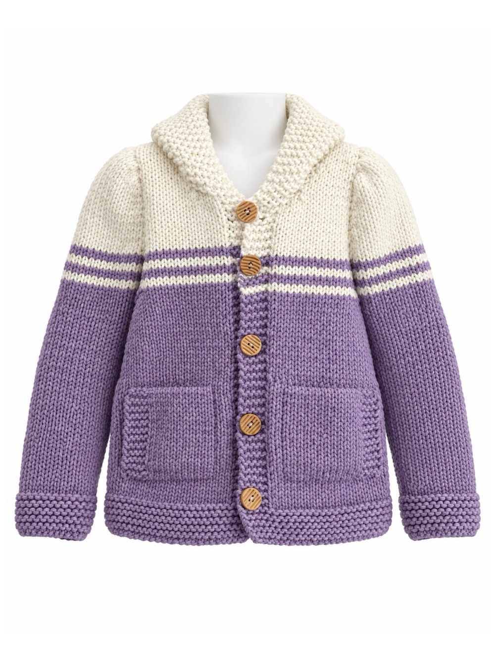 Size 7–8 Handmade Girls’ Lavender Cream Wool Blend Knit Hooded Cardigan